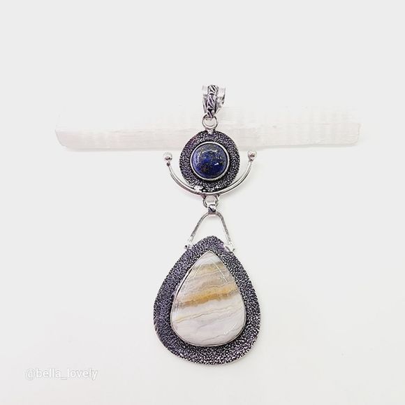 Huge! Crazy Lace Agate Lapis Lazuli Ethnic Handmade Pendant 3.38" - Picture 5 of 5